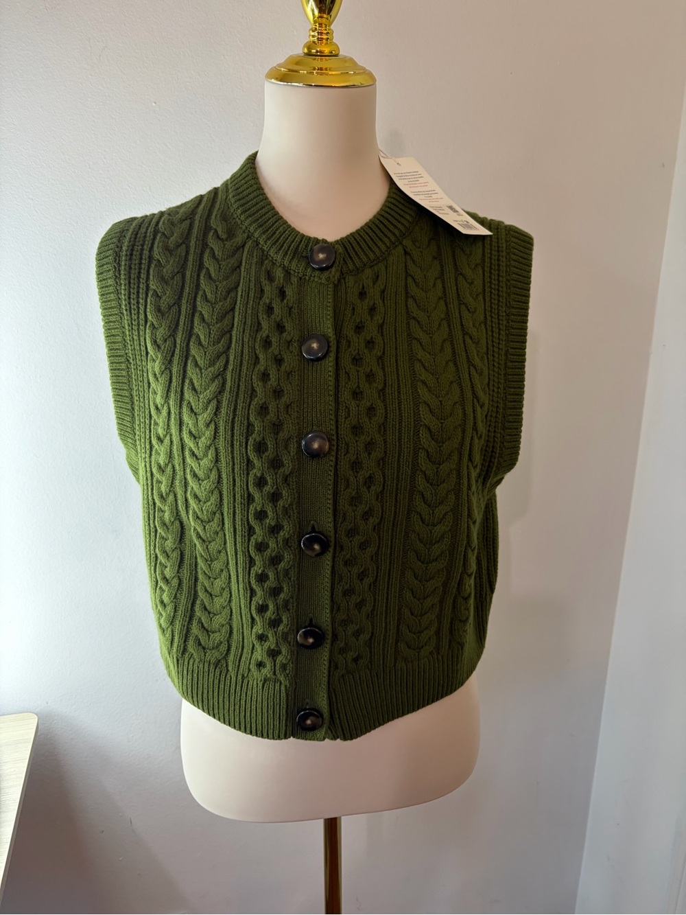 Sezane Olive Green Roxane Forest Cable-Knit Button Front Vest